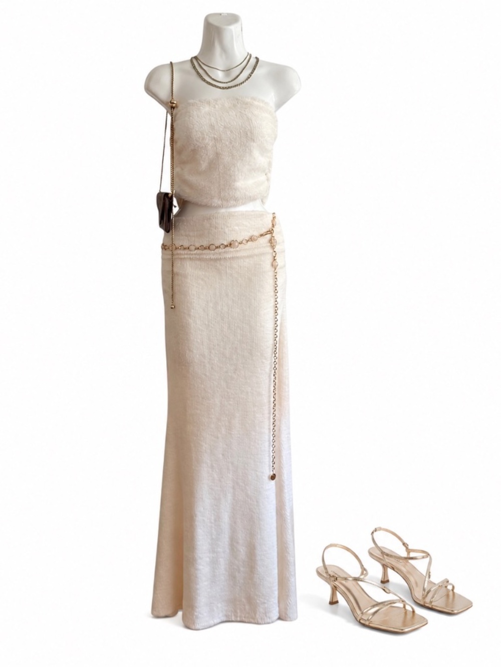 NWT Fashion Nova Cream Fuzzy 2 Piece Maxi Set S